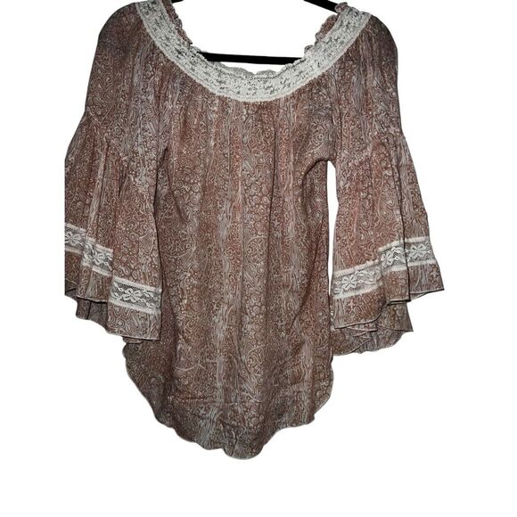 poupette st Bart blouse sz l  Bell Sleeve Crew Neck Cottagecore Boho Bohemian - Picture 1 of 5